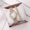Elegante orologio al quarzo da donna in oro rosa con strass e set regalo di lusso. - Set Gioielli 5 Pezzi (48) / Oro