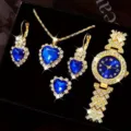 Donna lusso orologio al quarzo collana orecchini anello set gioielli cristallo blu - Set di gioielli con gemme a cuore (41) / Set Senza Scatola Regalo / Oro (Blu Zaffiro)