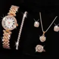 Elegante Donna Oro Rosa Strass Quarzo Orologio Collana Bracciale Orecchini Anello Gioiello Set - Set di gioielli (29) / Set Senza Scatola Regalo / Oro Rosa (Strass Quadrato)