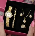 Lusso donna strass orologio set 5 pezzi quarzo collana orecchini anello scatola regalo - Set di gioielli (28) / Set Senza Scatola Regalo / Oro (Strass)