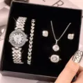 Set regalo orologio quarzo strass donna set gioielli collana bracciale anello orecchini - Set di gioielli (27) / Set Senza Scatola Regalo / Argento (Strass)