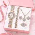 Elegante orologio quarzo strass donna set gioielli cinque pezzi con scatola regalo rosa - Set di gioielli (26) / Set Senza Scatola Regalo / Oro Rosa (Strass)