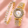 Set orologio al quarzo e bracciale donna strass oro, elegante orologio gioiello di cristallo. - Set Orologio Bracciale (32) / Oro