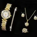 Set Orologio Donna Lusso Strass 5 Pezzi Oro Quarzo Orologio Collana Orecchini Anello - Set Gioielli 5 Pezzi (31) / Oro