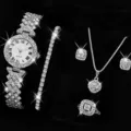 Set orologio al quarzo con strass 5 pezzi donna lusso bracciale collana orecchini - Set Gioielli 5 Pezzi (30) / Argento