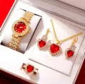 Set gioielli orologio con strass cuore rosso cofanetto regalo lusso donna, orologio quarzo. - Set Gioielli 5 Pezzi (20) / Oro