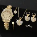 Orologio al quarzo con strass e set gioielli cuore da donna, finitura dorata. - Stile Oro con Strass Completo (1) / Set di Accessori (Senza Scatola)