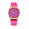 Primo piano dettaglio dell'orologio da polso al quarzo da donna con quadrante rosa e cinturino. - Stile Orologio Singolo Regolare (Y015) / Rosso rosa