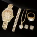 Set di gioielli con orologio bracciale collana anello orecchini strass oro donna moda - Stile Oro con Strass Completo (5) / Set di Accessori (Senza Scatola)