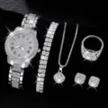 Vista dettagliata del set di gioielli con orologio in strass splendente collana anello. - Stile Argento con Strass Completo (4) / Set di Accessori (Senza Scatola)