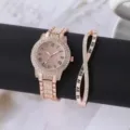Orologio da polso al quarzo con strass in oro rosa da donna e set di bracciali in cristallo. - Stile Oro Rosa con Strass Completo (9) / Set di Accessori (Senza Scatola)