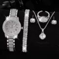 Set di gioielli argento con orologio con strass, braccialetto, collana, anello e orecchini. - Set Orologio di Lusso a 5 Pezzi con Strass (16) / Set Gioielli (Senza Scatola) / Argento