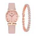 Orologio da donna e set di bracciali cinturino in pelle rosa quarzo gioiello alla moda - Set di Bracciali a Quadrifoglio / Rosa + Braccialetto
