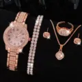 Set di gioielli con orologio in oro rosa e strass con bracciale, collana e orecchini eleganti. - Set Orologio di Lusso a 5 Pezzi con Strass (17) / Set Gioielli (Senza Scatola) / Oro rosa