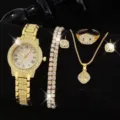 Lussuoso set di orologi e gioielli in strass dorati con collana, orecchini, anello e bracciale. - Set di 5 Pezzi con Strass Elemento Floreale (18) / Set Gioielli (Senza Scatola) / Oro