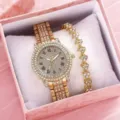 Dettagli dell'orologio al quarzo dorato in strass di lusso con set bracciale cuore. - Set Orologio al Quarzo con Strass Oro (23) / Set (Con confezione regalo rosa) / Oro