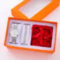 Set regalo orologio quarzo donna con bracciale strass e rose di sapone scatola arancione - Set Bracciale Strass a Doppia Fila (Senza Confezione Regalo) / Argento