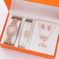 Set regalo di gioielli con orologio al quarzo in oro rosa e brillanti strass a cuore. - Set di gioielli e orologio da 5 pezzi (4) / Senza Scatola / Oro rosa