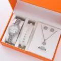 Donna lusso strass orologio bracciale collana orecchini anello set regalo gioielli. - Set 5 Pezzi Lusso Argento (Senza Scatola)