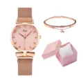 Set orologio da donna al quarzo oro rosa con cinturino in maglia e confezione regalo. - Orologio + Bracciale + Scatola / Rosa
