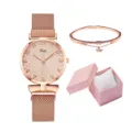 Set orologio donna al quarzo oro rosa con cinturino in maglia magnetica, bracciale e scatola. - Orologio + Bracciale + Scatola / Beige