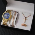 Lusso donne quarzo orologio bracciale collana anello regalo set moda oro gioielli - Set da 4 Pezzi Orologio e Gioielli con Strass Oro e Numeri Romani (A21-Senza Scatola)