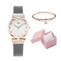 Vista dettagliata dell'orologio da donna al quarzo con cinturino magnetico e scatola. - Orologio + Bracciale + Scatola / Bianco