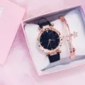 Set regalo orologio donna quadrante stellato e bracciale cristallo in scatola rosa. - Orologio+Bracciale / Nero
