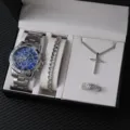 Squisito set regalo con orologio al quarzo blu, bracciale catena e collana con croce. - Set da 4 Pezzi Orologio e Gioielli con Strass Quadrante Blu Unisex (A23-Senza Scatola)