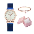 Vista dettagliata orologio donna con cinturino magnetico blu, bracciale e confezione. - Orologio + Bracciale + Scatola / Blu