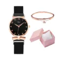 Set orologio donna al quarzo quadrante nero cinturino maglia oro rosa e scatola regalo. - Orologio + Bracciale + Scatola / Nero