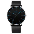 Vista dettagliata orologio uomo al quarzo con quadrante nero e cinturino in acciaio. - Cinturino Maglia Nero Quadrante Nero Lancette Blu (8)