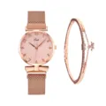 Elegante orologio al quarzo da donna in oro rosa con bracciale di cristallo. - Orologio+Bracciale / Rosa