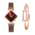 Orologio al quarzo oro rosa con quadrante a rombo e bracciale geometrico con strass. - Set Orologio e Bracciale / Argento