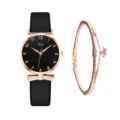 Set orologio al quarzo e bracciale da donna con cinturino in pelle nera e ciondolo a stella chic. - Set orologio e bracciale / Stile Oro Rosa Nero (Nero Con Bracciale)