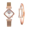 Quadrante orologio a losanga in oro rosa e bracciale geometrico scintillante dettaglio. - Set Orologio e Bracciale / Verde