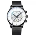 Primo piano di un orologio da polso al quarzo da uomo con cassa nera, quadrante bianco e cinturino. - Cinturino in Maglia Nera (Quadrante Bianco)