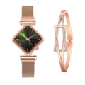 Orologio al quarzo da donna e bracciale geometrico con quadrante verde sfumato chic. - Set Orologio e Bracciale / Verde