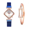 Vista dettagliata set orologio donna al quarzo e bracciale strass oro rosa blu. - Set Orologio e Bracciale / Nero
