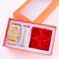 Set di confezioni regalo con orologio al quarzo con strass dorati e braccialetto rosa. - Orologio + Bracciale 2 (Senza Scatola) / Oro