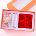 Set regalo di lusso con orologio al quarzo in oro rosa bracciale e rosa di sapone con lunetta - Orologio + Bracciale 2 (Senza Scatola) / Oro Rosa