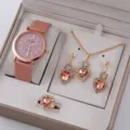 Vista dettagliata del set orologio donna al quarzo rosa con collana orecchini scatola regalo - Set Orologio e Gioielli (A1) / Senza Confezione Regalo / Rosa