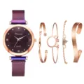 5-teiliges Damenuhr Armband Set rosgoldenes Netzarmband lila Blumen Zifferblatt Geschenke - Einzelne Uhr / Roségold