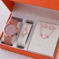 Elegante set orologio donna al quarzo con bracciale collana e orecchini cuore rosa in box. - Set Orologio e Gioielli (A3) / Senza Confezione Regalo / Cuore Rosa
