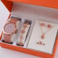 Set orologio donna rosa al quarzo moda con bracciale collana anello cristallo box. - Set Orologio e Gioielli (A5) / Senza Confezione Regalo / Cuore Rosa con Zircone