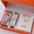 Set regalo orologio al quarzo rosa e gioielli con farfalla, collana, bracciale, orecchini. - Set Orologio e Gioielli (A6) / Senza Confezione Regalo / Farfalla in smalto rosa