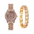 Ensemble montre strass et chaîne cubaine, montre hip-hop scintillante en or rose bracelet. - Or Rose + Bracelet