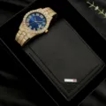 Coffret cadeau montre et portefeuille de luxe strass homme, montre habillée hip hop brillante - Ensemble Montre Portefeuille Boîte Or Cadran Bleu