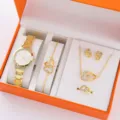 Set regalo orologio da polso al quarzo donna dorato con collana orecchini bracciale a cuore. - Orologio al quarzo con numeri romani Set di gioielli a doppio cuore (41) / Set da Cinque Pezzi (Senza Scatola) / Oro