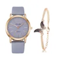 Dettagli del set orologio donna con cinturino grigio, cassa oro rosa e bracciale farfalla strass. - Con Stile Bracciale (Y015) / Grigio